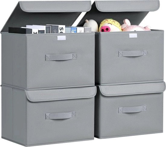 Set di 4 Scatole di Archiviazione con Coperchio, Scatola di Archiviazione Pieghevole con Maniglia, Cestini di Archiviazione in Tessuto, Organizzatore di Vestiaro, Scatola Pieghettabile per Abiti, Libri, Grigio Chiara