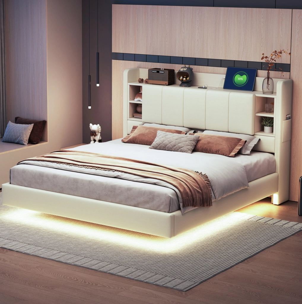 Letto matrimoniale imbottito 160x200 cm con LED; presa USB; contenitore e ripiani; beige