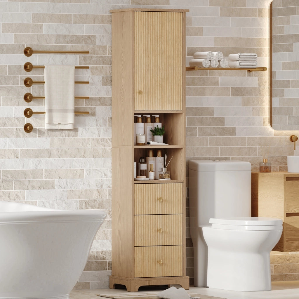 Mobiletto bagno alto 40x30x172 cm in MDF effetto legno naturale con 3 cassetti, vano a giorno e ripiano regolabile