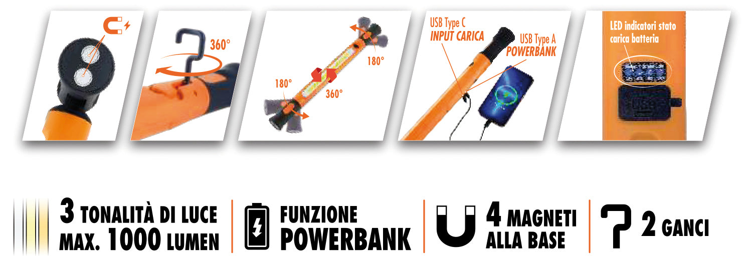 Luxen TORCIA DA LAVORO RICARICABILE CON MAGNETE E POWERBANK,16 w, 1000 lumen, 3 modalitÃE di luce