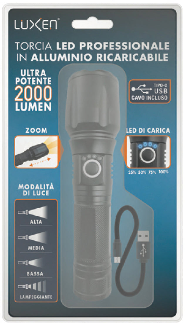 Luxen TORCIA PROFESSIONALE RICARICABILE IN ALLUMINIO 20 W, 2000 lumen, 4 modalitÃE di luce + Zoom