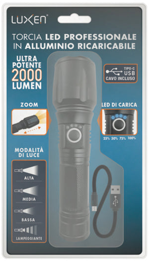 Luxen TORCIA PROFESSIONALE RICARICABILE IN ALLUMINIO 20 W, 2000 lumen, 4 modalitÃE di luce + Zoom