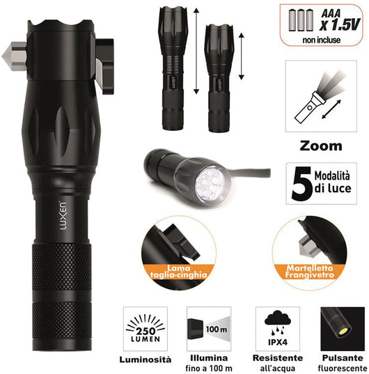 Luxen TORCIA IN ALLUMINIO+ LAMA TAGLIACINGHIE E MARTELLETTO, 5 W, 250 lumen, 5 modalitÃE di luce+zoom