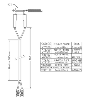 Termostato cablato per ventilconvettori con sonda 200 mm chiusura a 42 °C apertura 36 °C contatto ventola acqua calda Cewal