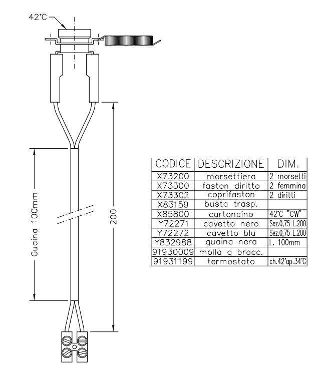 Termostato cablato per ventilconvettori con sonda 200 mm chiusura a 42 °C apertura 36 °C contatto ventola acqua calda Cewal