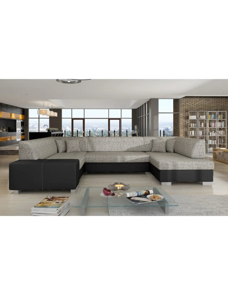 Divano panoramico a U Grigio & Nero convertibile 6 posti HAVANE con contenitore