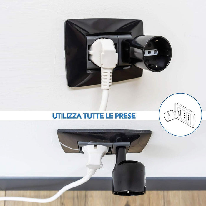 Adattatore disassato Schuko 10A 2P+T salvaspazio da spina tedesca a presa italiana 10A nero Electraline