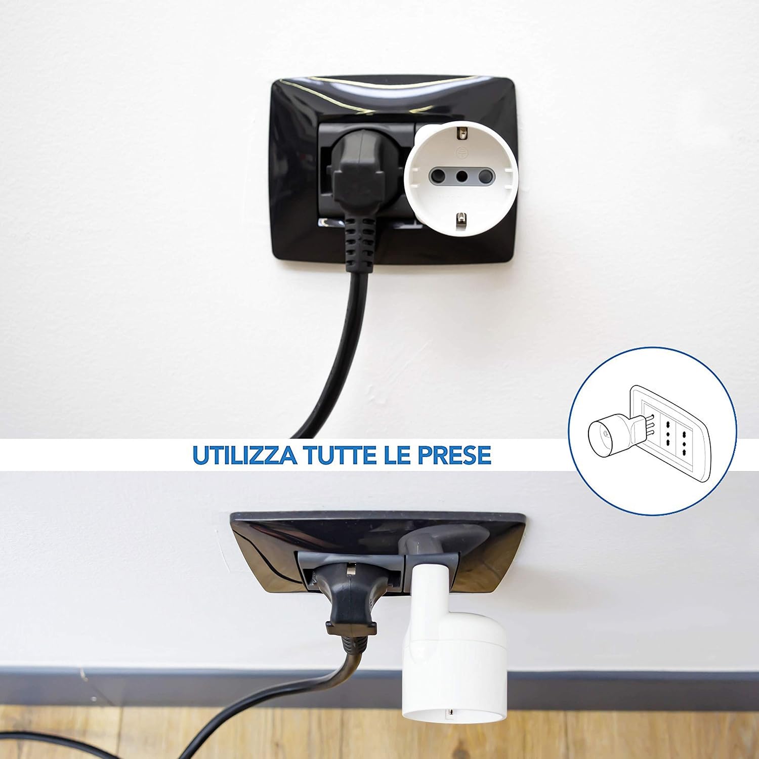 Adattatore disassato Schuko 16A 2P+T salvaspazio da spina tedesca a presa italiana 10A bianco Electraline