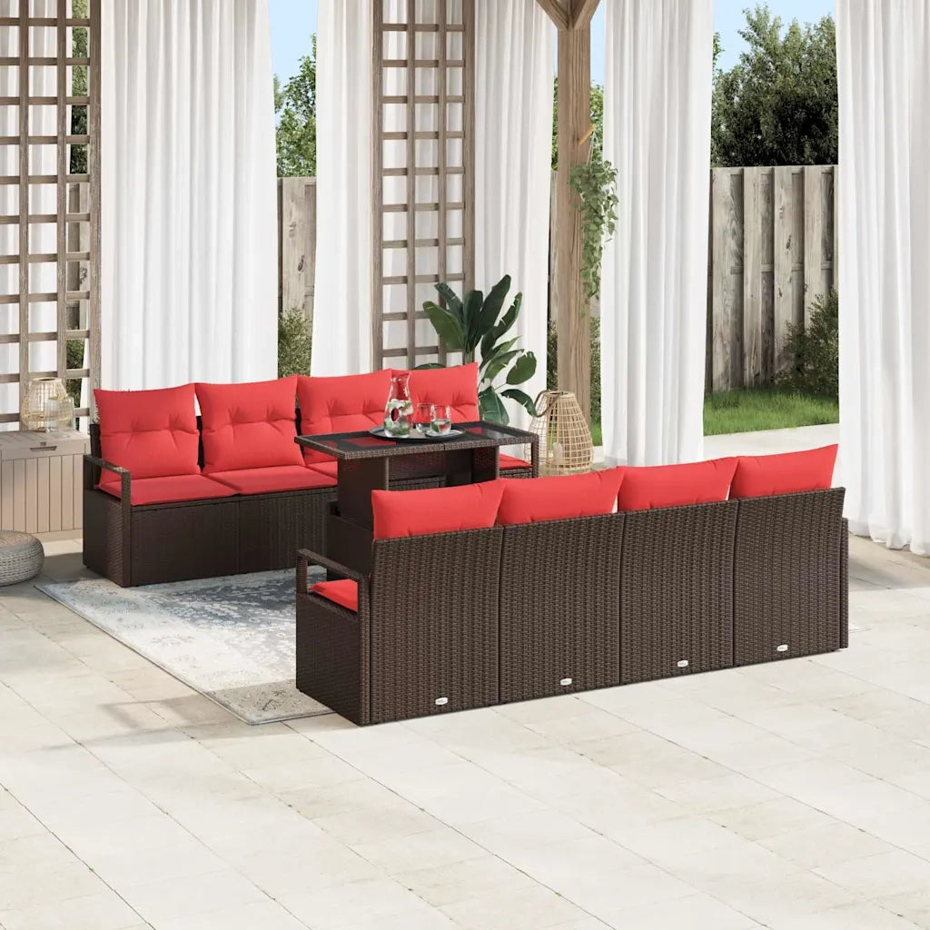 Set Divano da Giardino 9 pcs Marrone e Rosso polyrattan