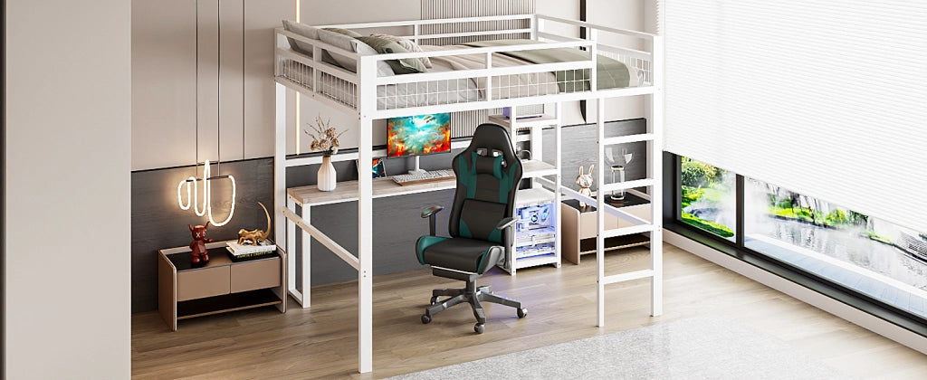 DESMIU Letto a Soppalco Matrimoniale con Scaffali, Scrivania, USB e Type-C 140 × 200 cm, senza materasso, Bianco