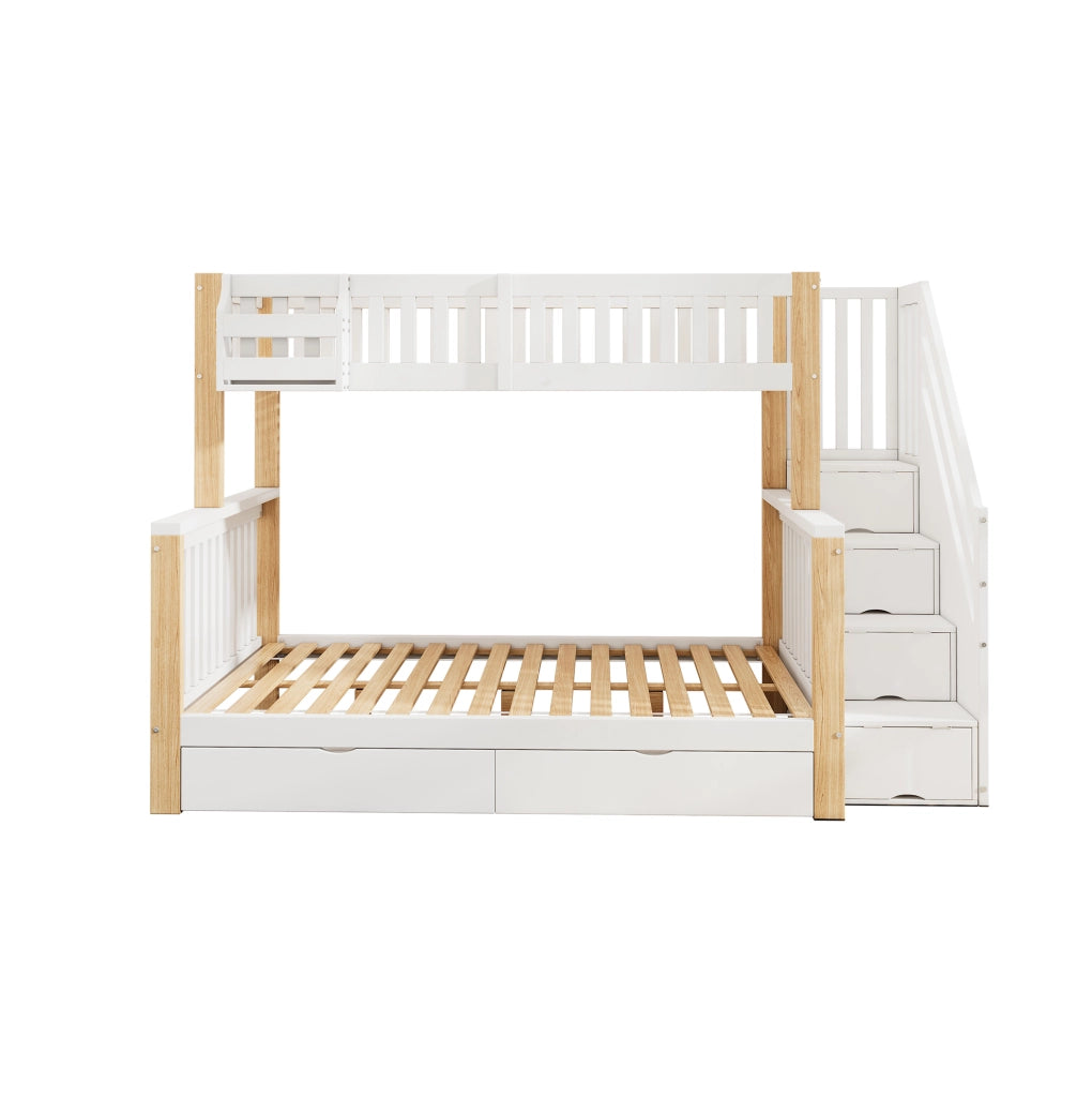 Letto a castello per bambini 140x200 cm con contenitori; cassetto e scala contenitore in legno bianco e naturale