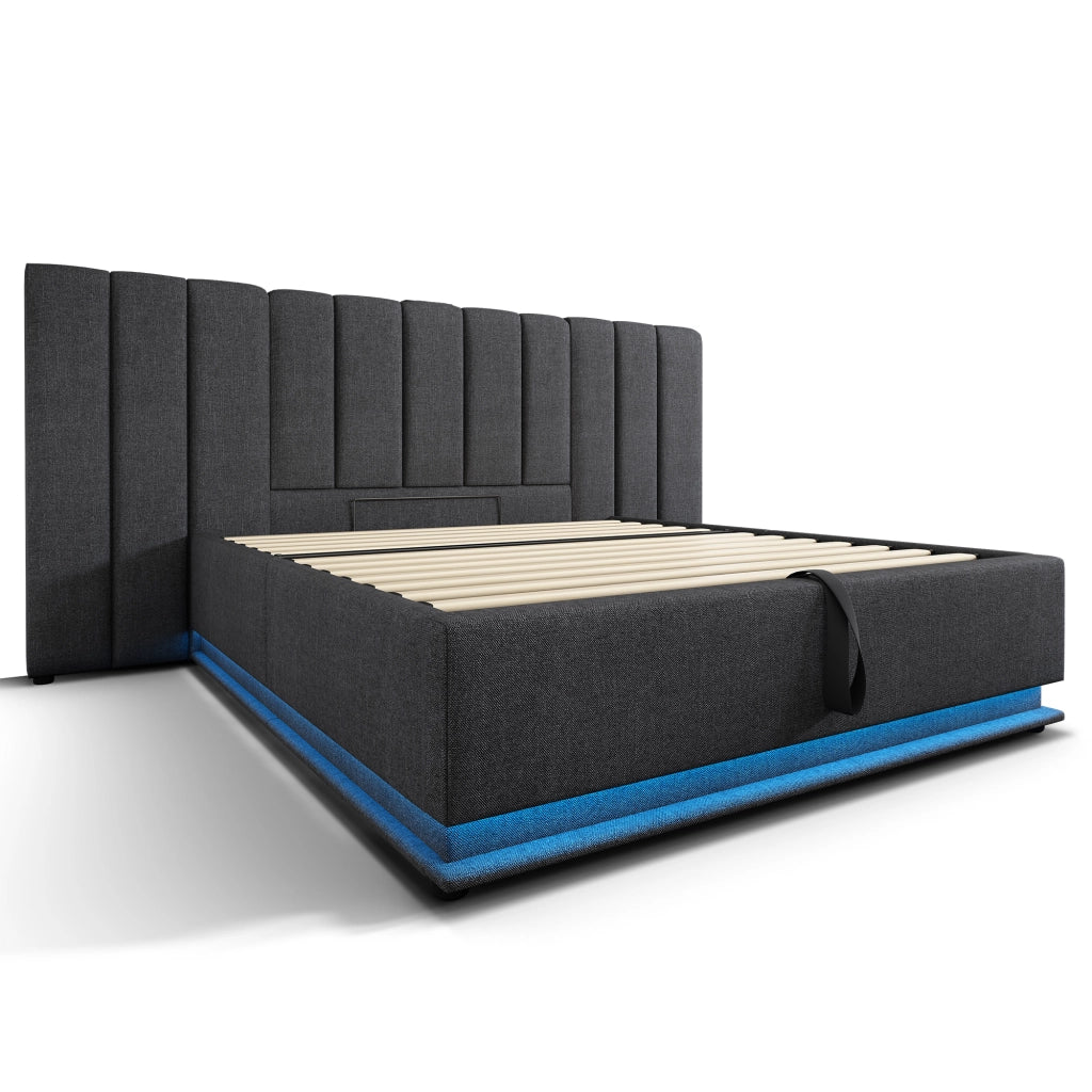 Letto matrimoniale imbottito 160x200 cm con LED 360°, prese USB-C e contenitore idraulico, grigio