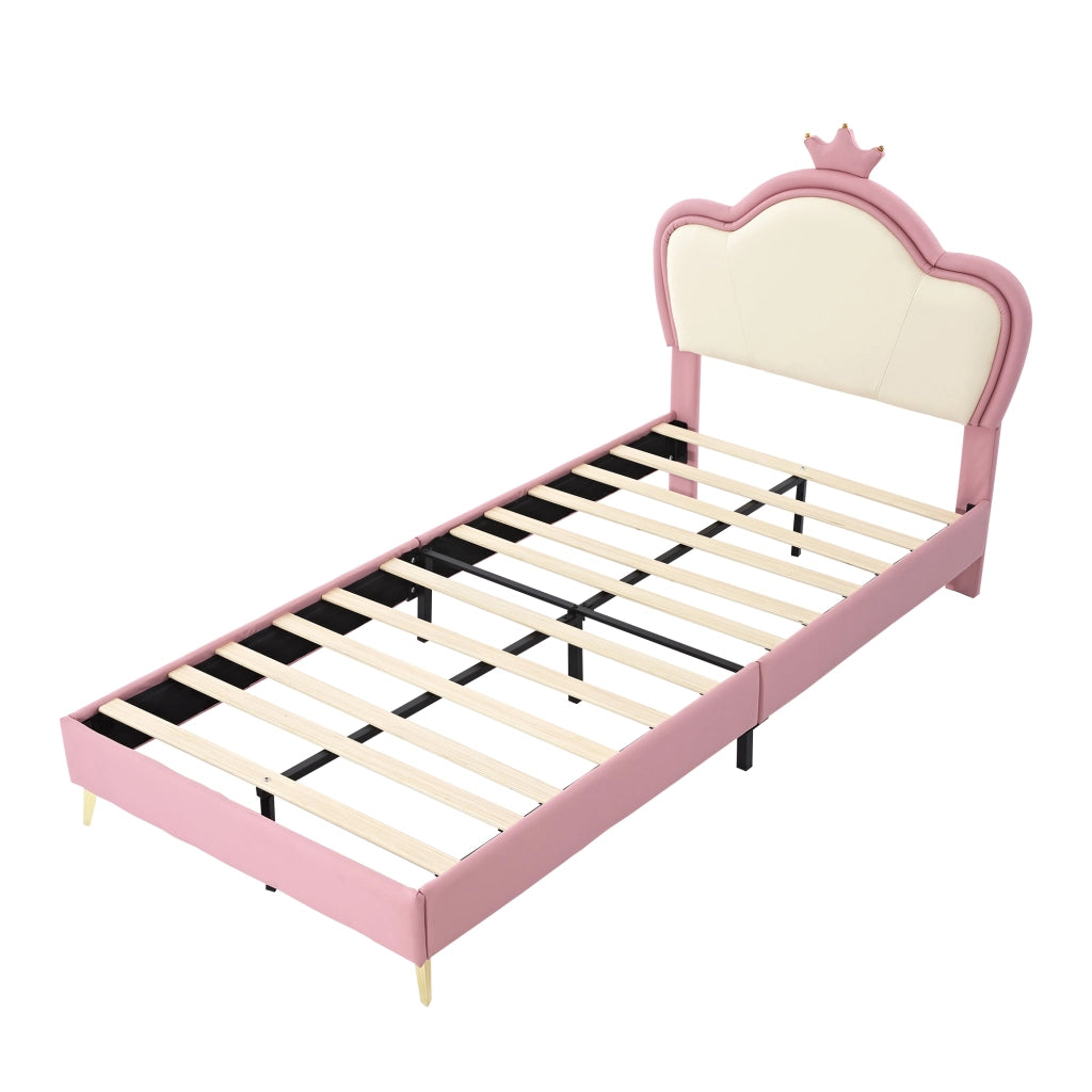Lit enfant rembourré 90x200 cm rose et blanc avec tête de lit couronne; protection douce et structure stable