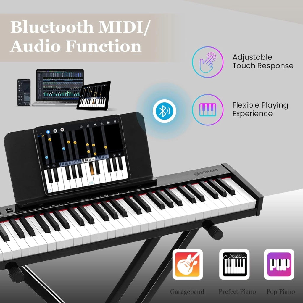 Pianoforte Digitale 61 Tasti Semi-Ponderati, Tastiera Musicale con Supporto e Sgabello, Digial Piano con Tasti Semi-Pesati, Funzione Audio MIDI Wireless, Leggio, Pedale di Sustain e Borsa