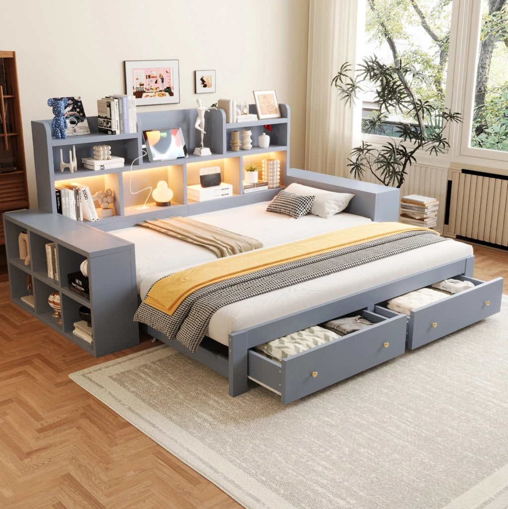DIVANO LETTO Estraibile 90/180x200 cm Grigio con LED e prese