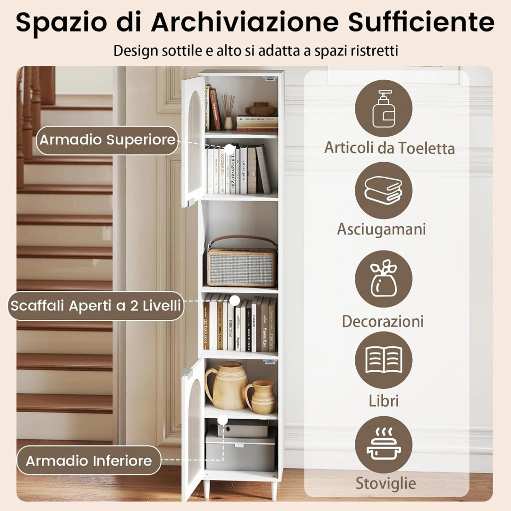 Mobiletto da Bagno, Armadio Alto in Legno con 2 Ante in Vetro Scanalato e Ripiani Regolabile, 35 x 30 x 180 cm, Mobile Salvaspazio per Cucina e Soggiorno (35 x 30 x 180 cm)