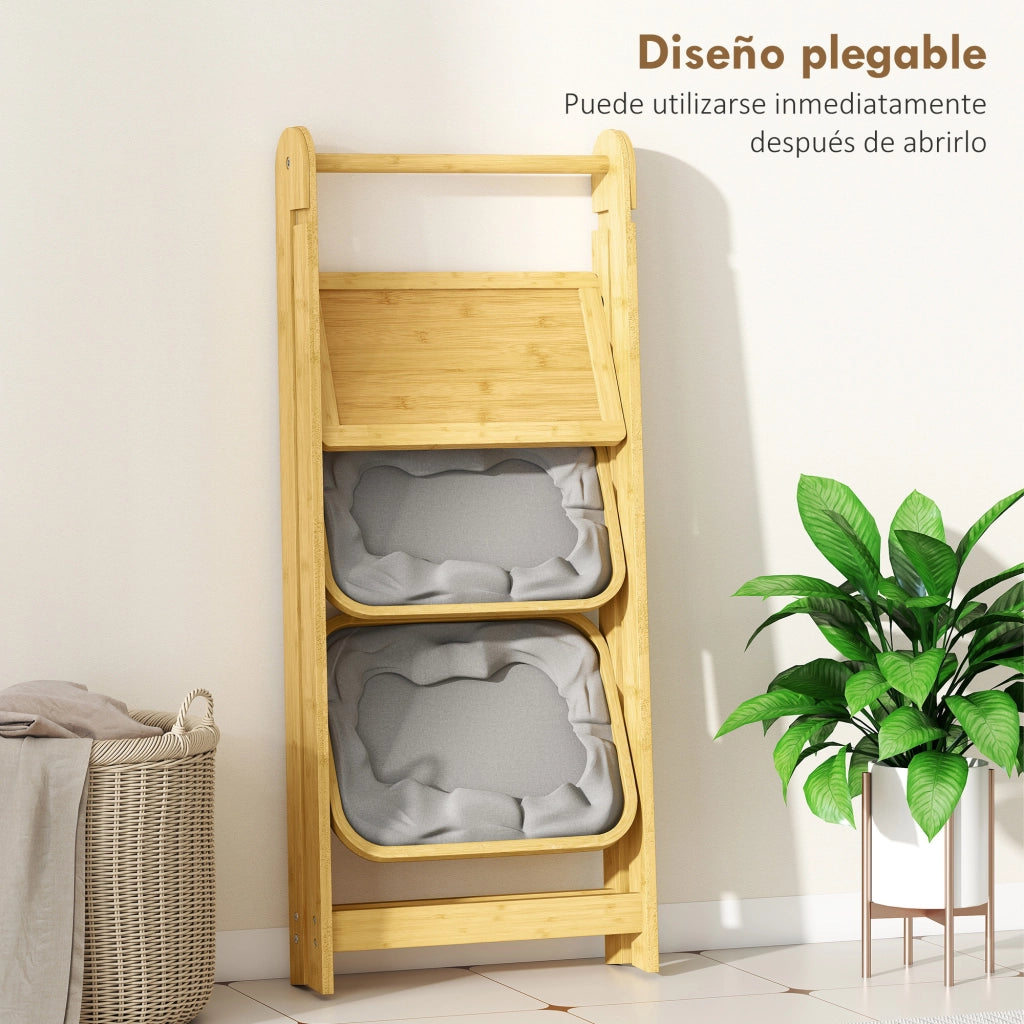 Ripiano Pieghevole per Bagno in Bamb¨´ con 2 Cestini per Biancheria ¨C zephmum ¨C Grigio 40x30x40 cm