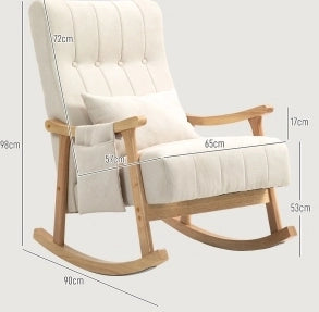 Poltrona a dondolo 65x90x98 cm con tasche laterali e cuscino lombare in poliestere beige