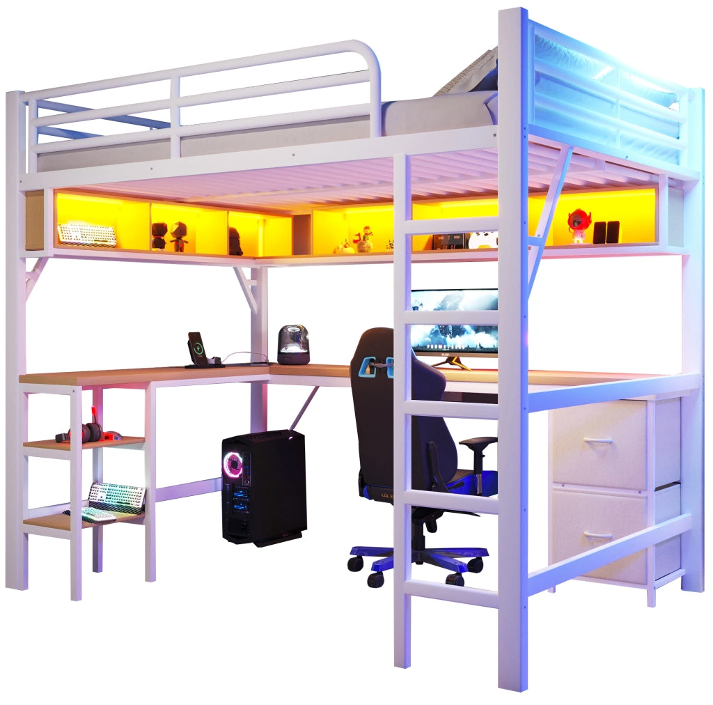Letto a soppalco 140x200 cm con scrivania; LED e libreria in MDF e metallo bianco
