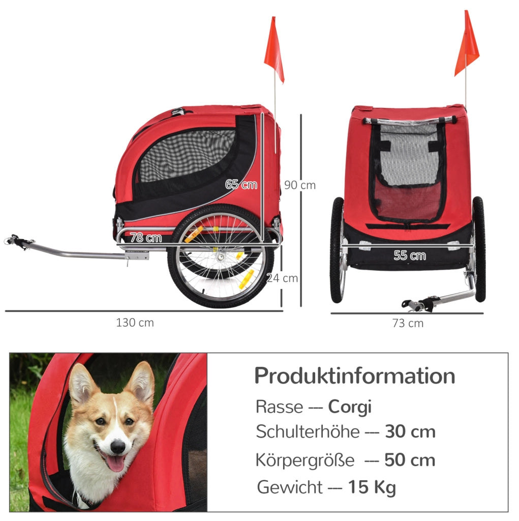 Rimorchio per bici per cani in tessuto Oxford rosso; 130 x 73 x 90 cm