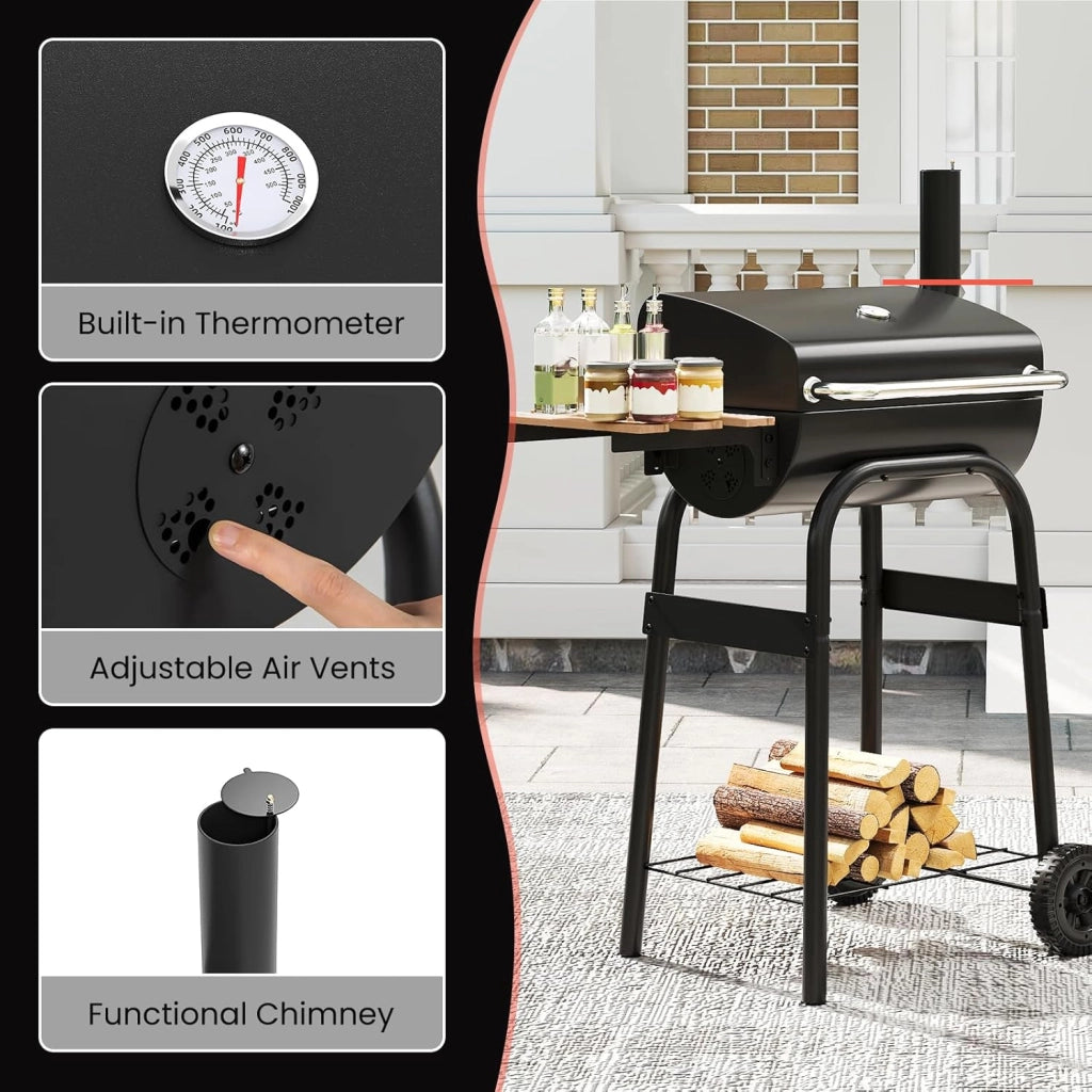Barbecue a carbonella con tavoli laterali pieghevoli e ruote, carrello barbecue con termometro integrato e vano portaoggetti, barbecue a fumo da esterno
