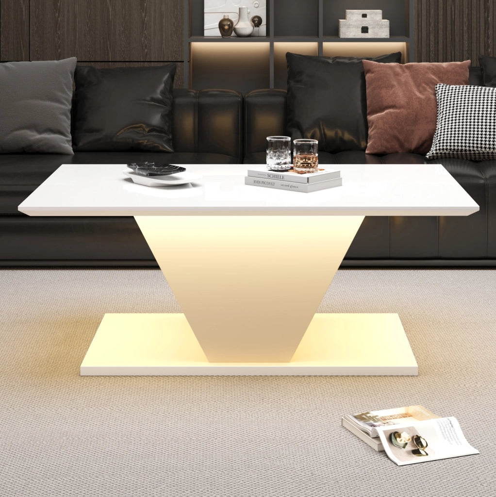 Tavolino da caffè bianco con LED USB, design a V, 100x50x46 cm