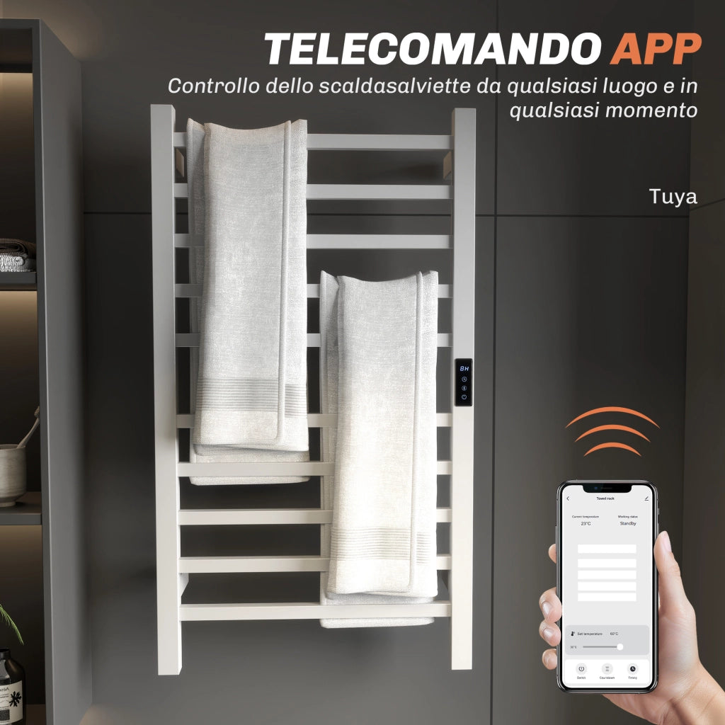 Scaldasalviette Elettrico Smart a 10 Barre con Timer e Display LCD, in Acciaio Inox, 45x11x80 cm, Bianco