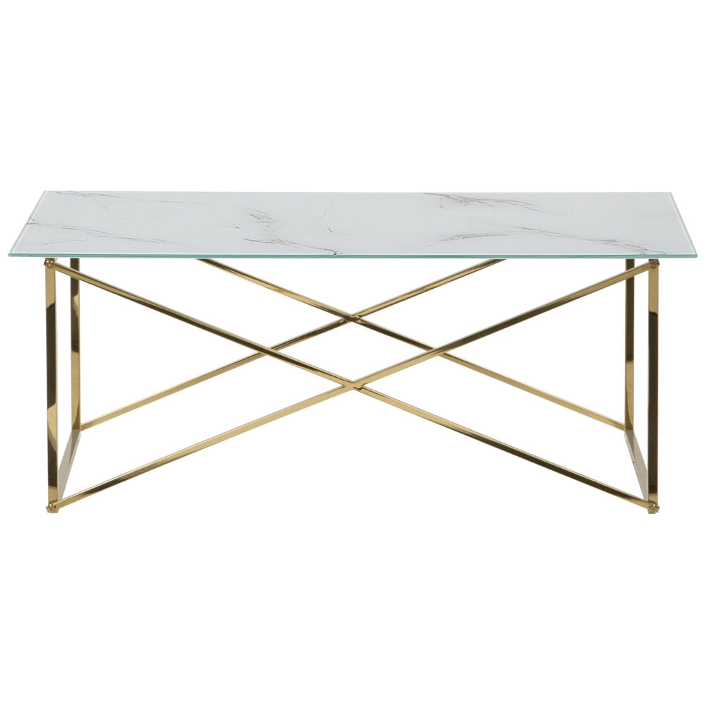 Tavolino Rettangolare Effetto Marmo Piano Bianco Gambe dorato Piano Vetro Temperato Base Acciaio Inox 100 x 50 cm Glam Minimalista