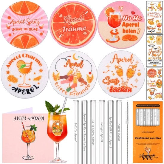 Set di 12 bicchieri di Aperol Spritz in vimini con sottopanchine, inclusi etichette per bicchieri e cartoncini pubblicitari Aperol Spritz, accessori per pacchi di regalo per donne e uomini, decorazioni per feste.