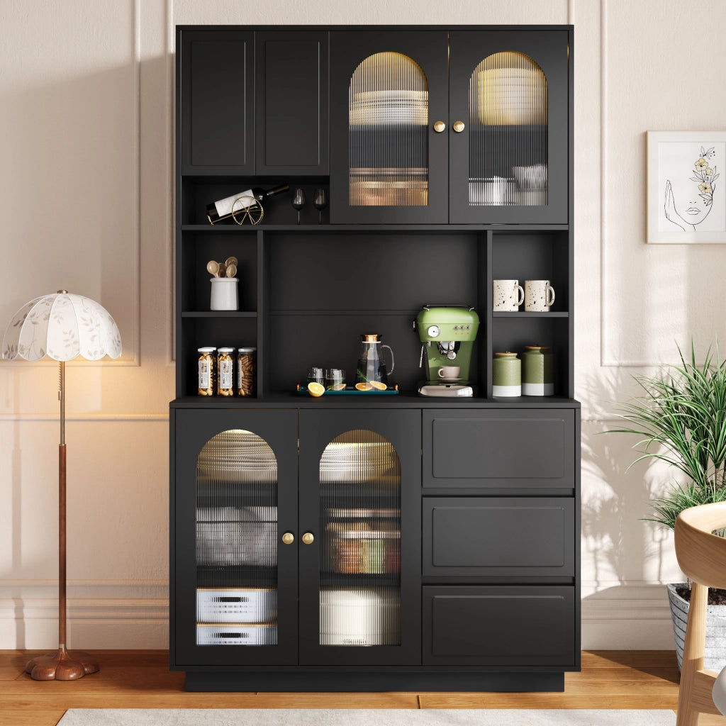 Credenza alta con ante ad arco in acrilico, LED APP e 3 cassetti, per cucina e soggiorno, nero 106 × 30 × 175 cm