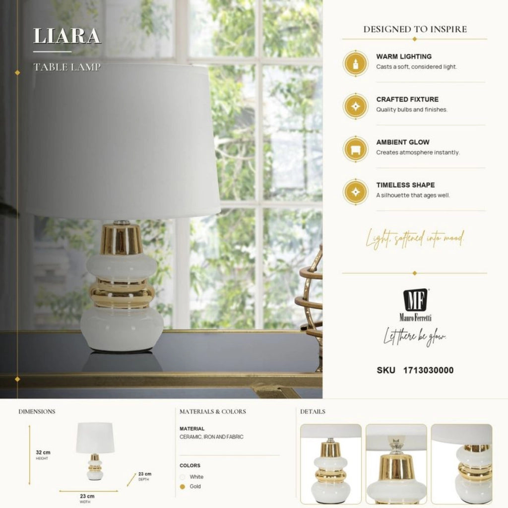 Lampada da tavolo Liara Bianca e Oro in ceramica con paralume in tessuto — Ø 23×32 cm