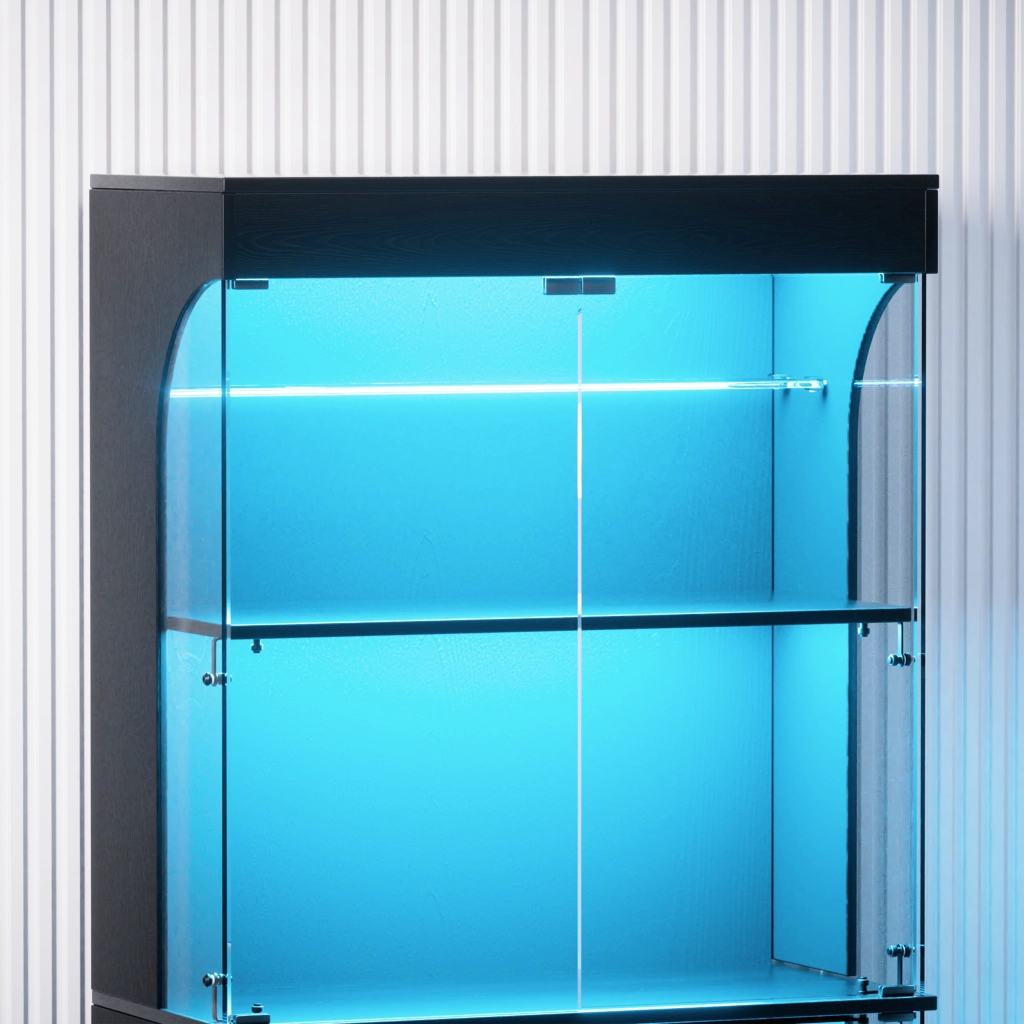 Vetrina in vetro con LED e sensore di movimento, stazione di ricarica, per soggiorno e camera, nera, 80 × 35 × 165 cm