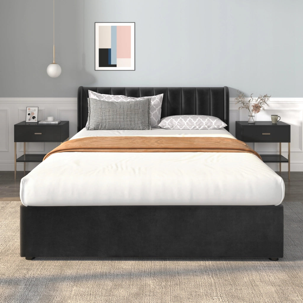 Letto matrimoniale 160x200cm - Xylo - Velluto, 2 cassetti, nero