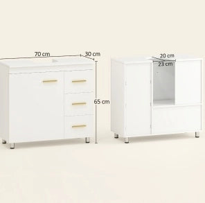 Mobile sottolavabo ULEVR 70x30x65 cm con 3 cassetti e vano a due livelli, bianco