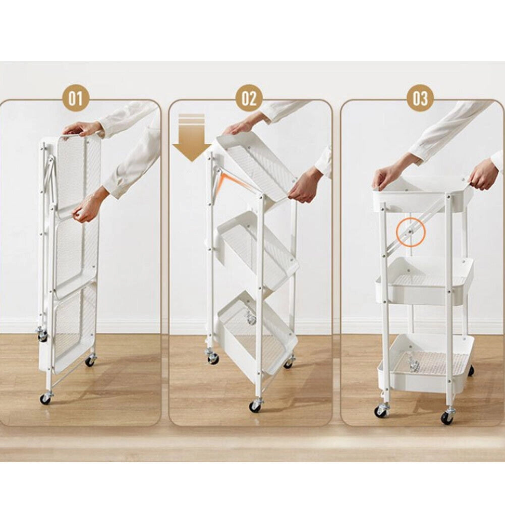 Carrello cucina Slim Pieghevole 3 Ripiani Metallo Trolley Servizio 4 Ruote Grigi