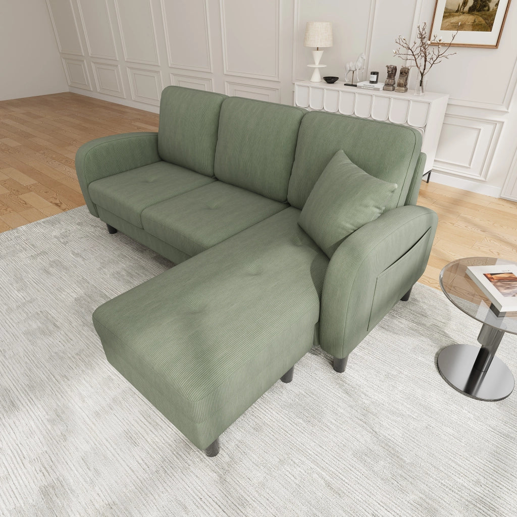 Divano angolare reversibile 3 posti con chaise longue modulare per soggiorno, in corda e schiuma, Verde
