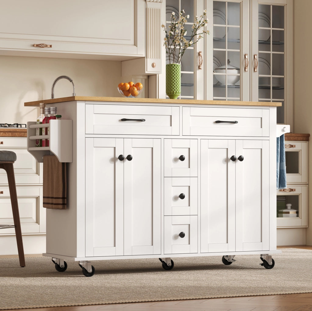 Carrello cucina con piano pieghevole, 5 cassetti e ruote