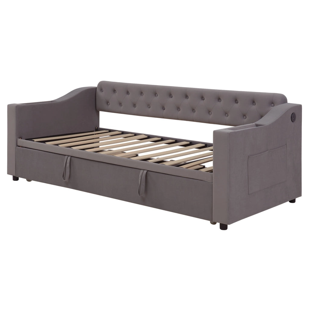 Divano letto imbottito in velluto con USB, contenitori nei braccioli, grigio