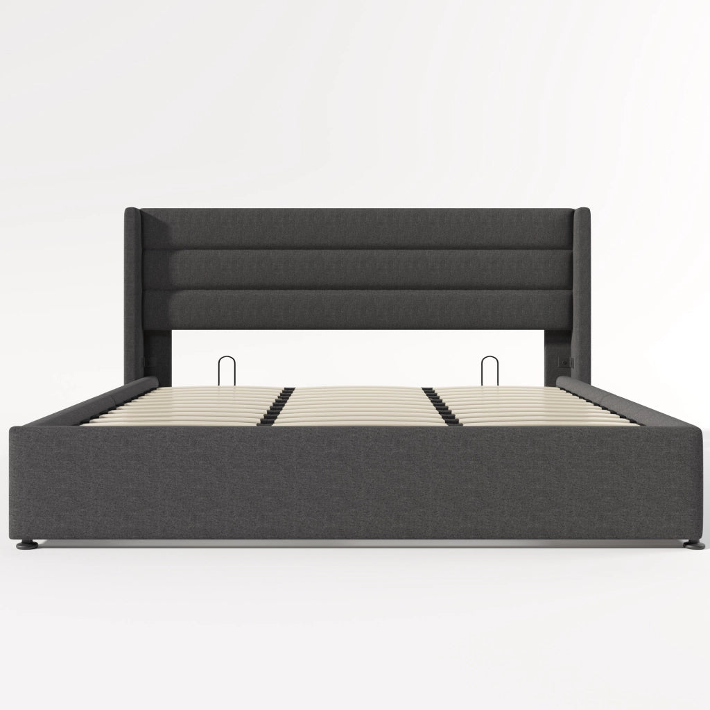 Letto Contenitore Letto Matrimoniale 140×200 cm con Testiera Imbottita e Vano; senza Materasso; Lino; Beige