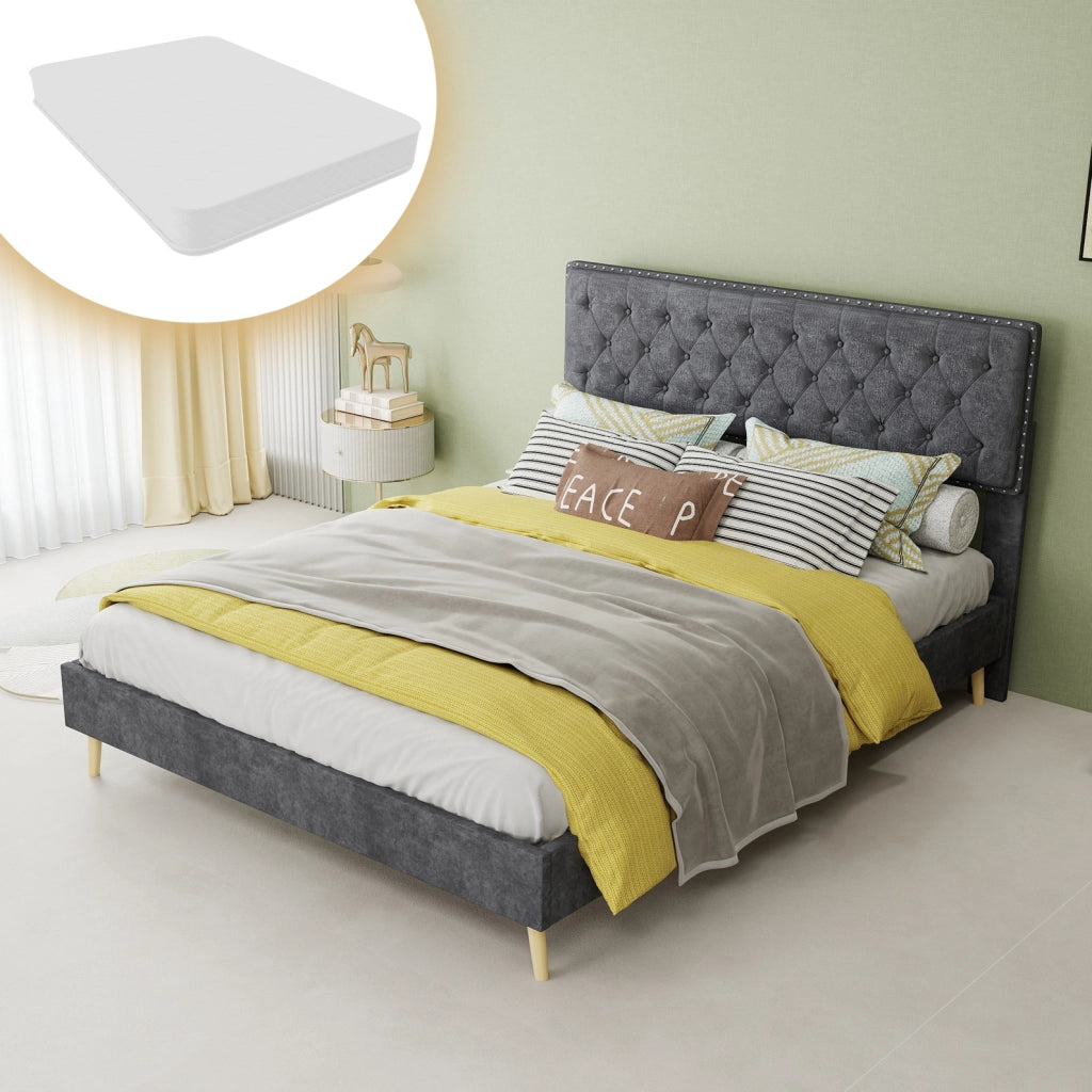 Letto matrimoniale 140x200 cm in velluto grigio con testiera alta