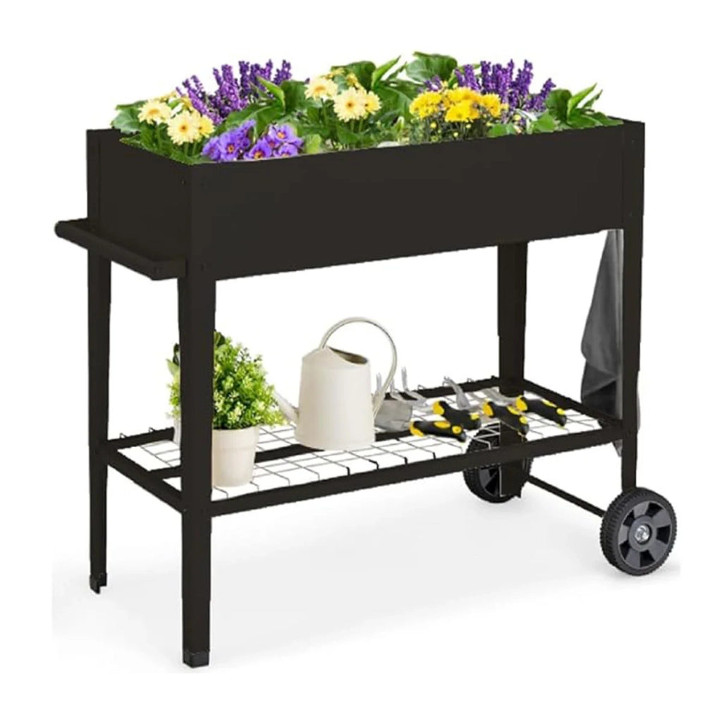 Fioriera rialzata 95 x 40 x 80 cm con ruote e ganci per appendere design moderno in metallo nero 20_0012207