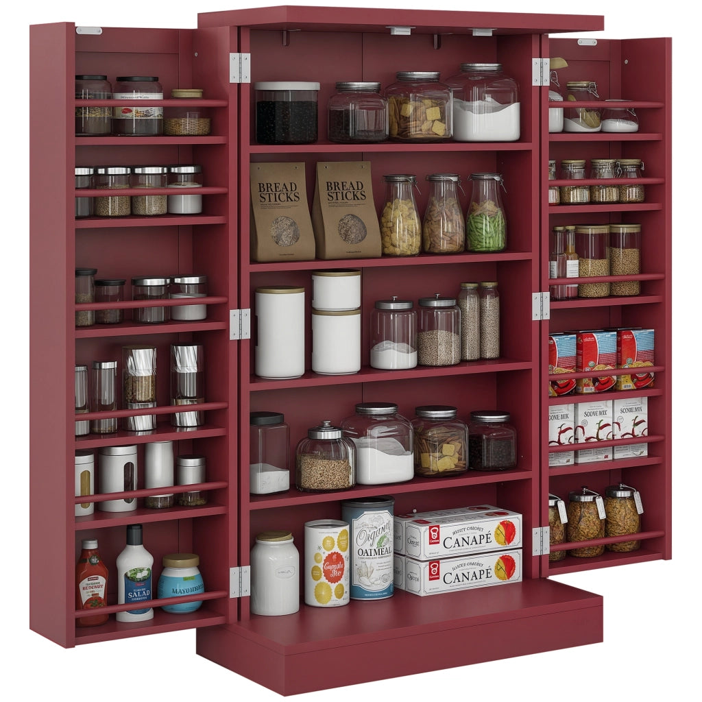 Armadio da Cucina 2 Ante con 5 Ripiani e 12 Portaspezie ¨C zephmum ¨C 60x30x104 cm Rosso