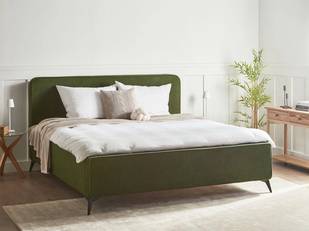 Letto matrimoniale imbottito in bouclé verde gambe in metallo nero 180x200 cm testiera stile classico minimalista