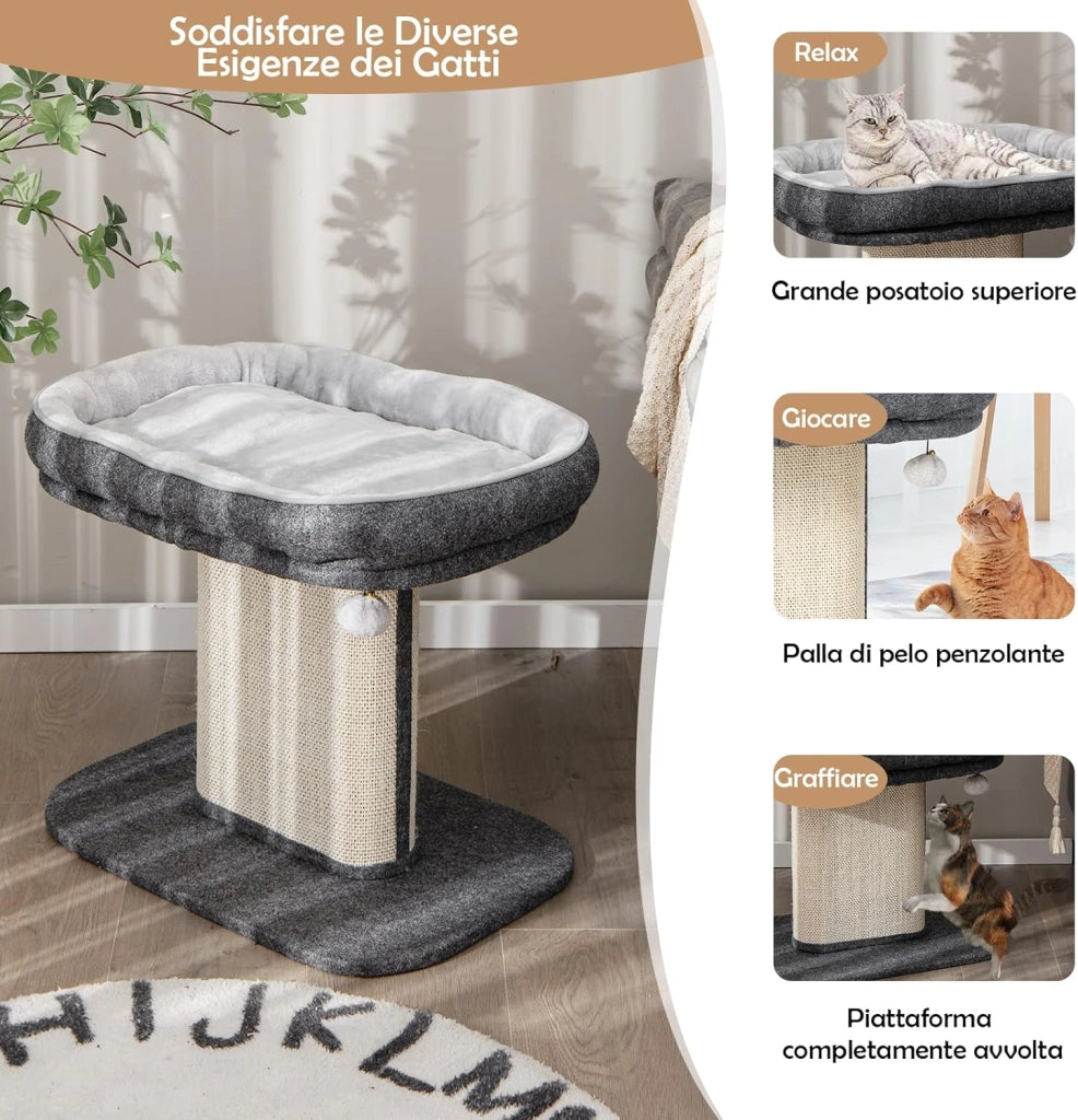 Tiragraffi per Gatti, Albero Tiragraffi Gatto con Grande Cuccia in Peluche e Tiragraffi in Sisal e Palla, Tiragraffi da Divano in Legno per Gatti Piccoli, Portata 20 kg (Grigio)