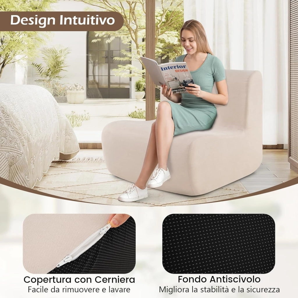 Divano Singolo da Pavimento, Poltrona da Divano con Morbido Velluto e Supporto Ergonomico, Poltrona Sacco da Lettura per Soggiorno, Camera da Letto (Beige)