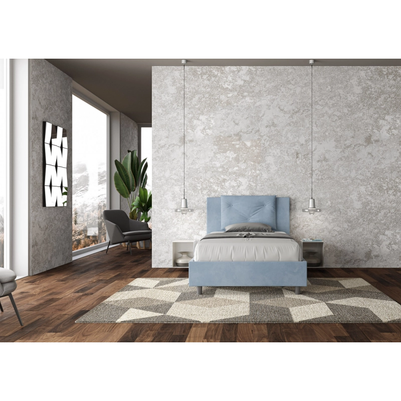Letto imbottito 1 piazza e mezza 120x200 cm Appia - Contenitore,Microfibra,Azzurro