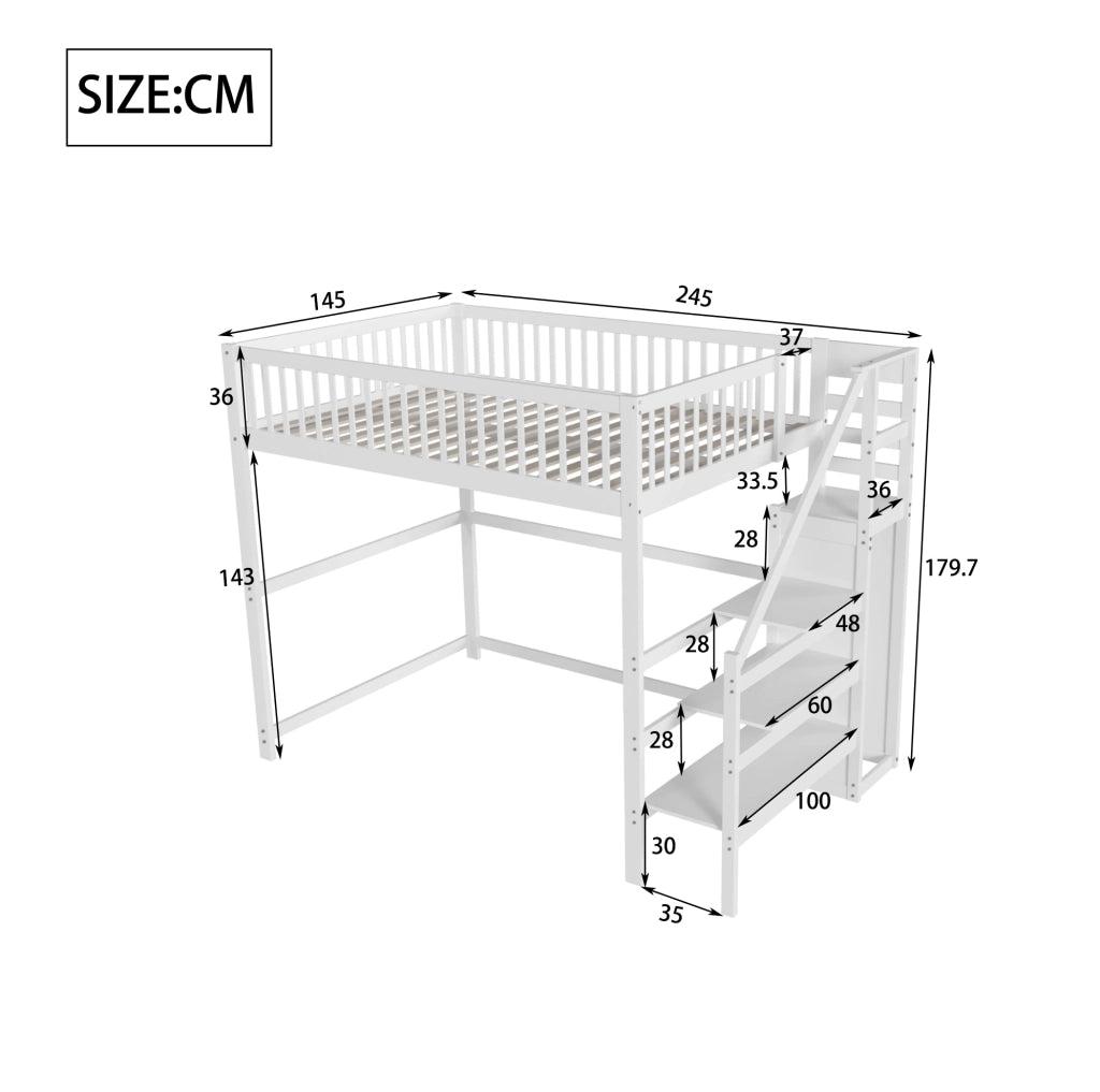 Letto a soppalco 140x200 cm con scala e armadio; legno; bianco (Senza materasso)