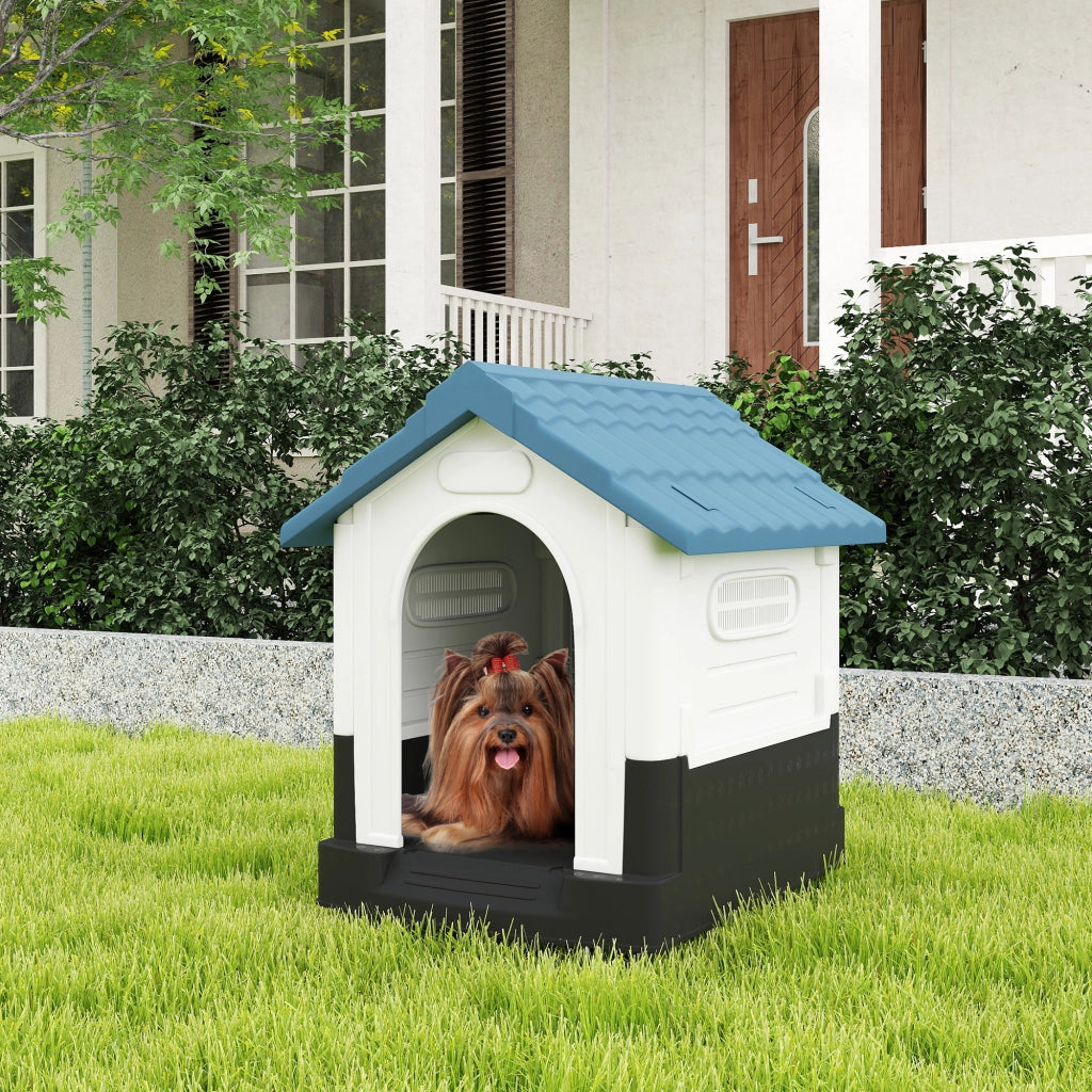 Cuccia per Cani Piccoli da Esterno in Plastica con Finestre e Base Rialzata, 64.5x57x66 cm, Blu