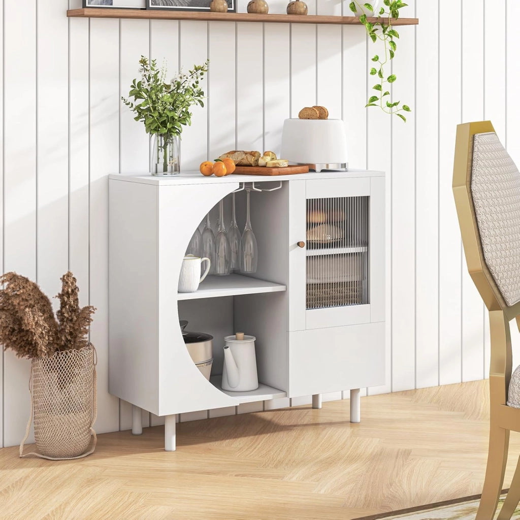 Mobiletto Moderno da Cucina, Credenza con Porta Calici, 2 Ripiani Aperti, Anta in Vetro Temperato, Cassetto, Mobile Bar Salvaspazio in Legno per Cucina, Sala da Pranzo, Soggiorno, Bianco