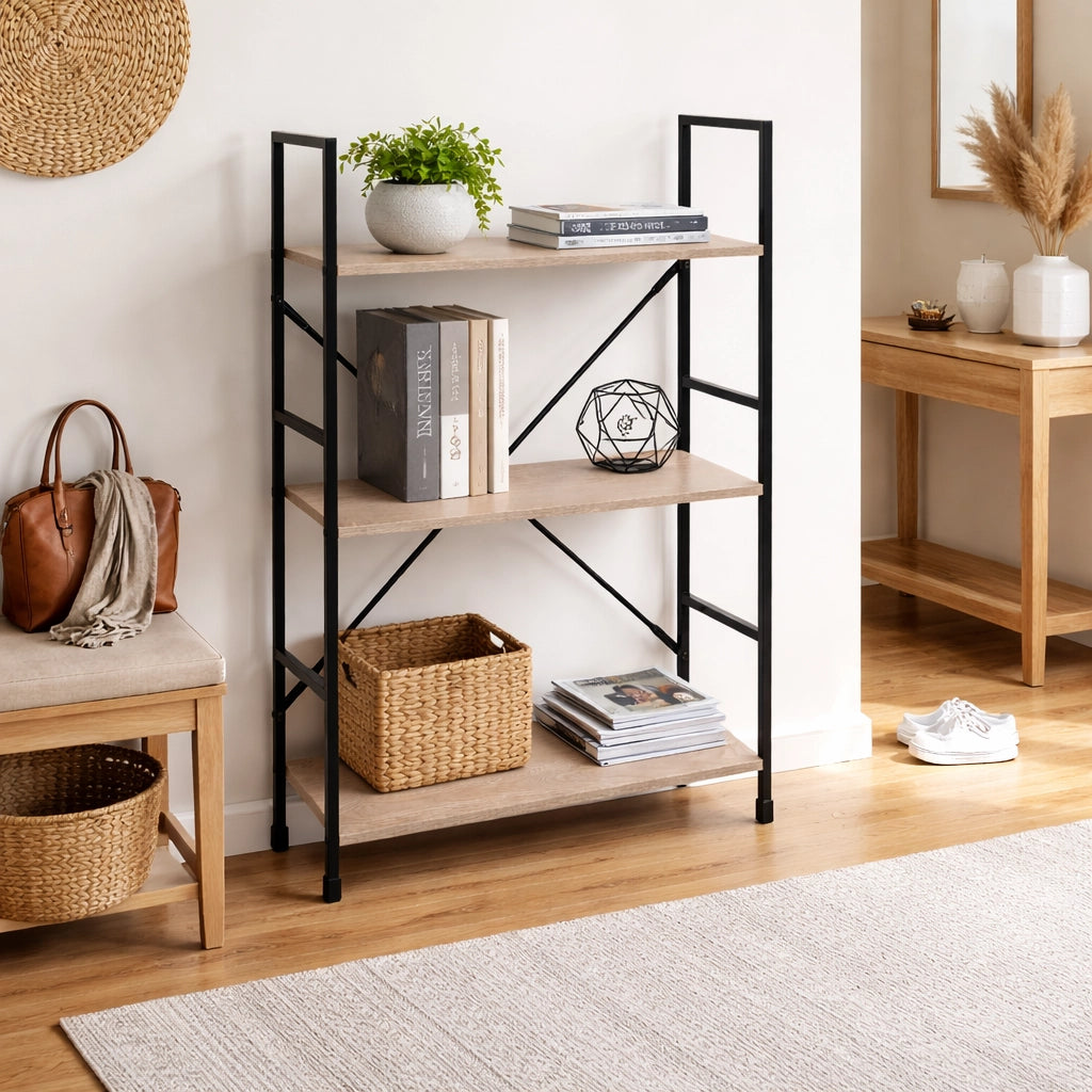 Mobile Scaffale Industrial 3 Ripiani Metallo Nero Legno Mdf Rovere 59x24 H80cm